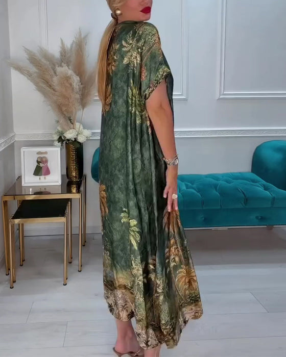 Kleid V-Ausschnitt Palmenbaum Druck Kurzarm Lang