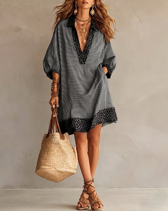 Kleid Leopardenprint Panel Puffärmel Gestreiftes Hemd