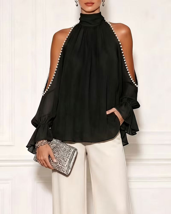 Bluse Rollkragen Off-Shoulder Rüsche