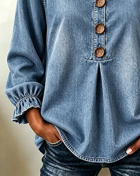 Top Denim V-Ausschnitt Knopf Rüschenärmel