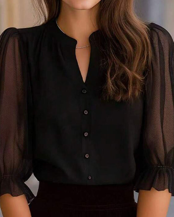 Bluse V-Ausschnitt Knopf Einfarbig