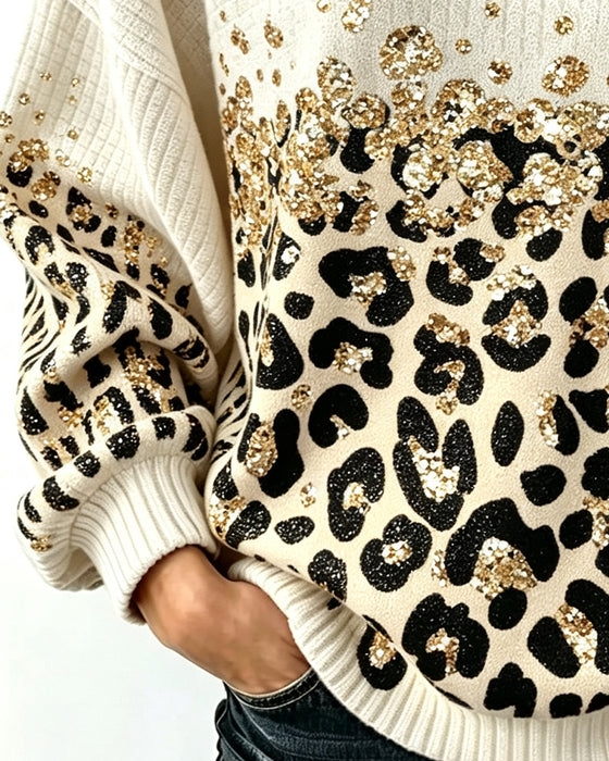 Sweatshirt Runder Ausschnitt Geknöpft Leopardenmuster