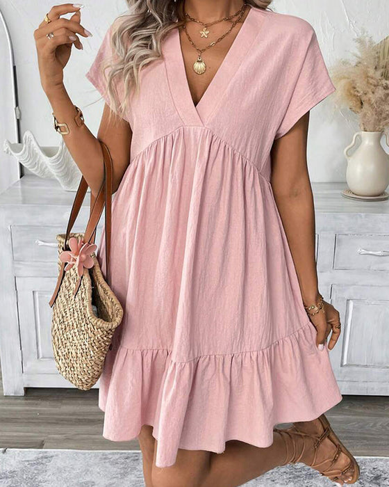 Kleid Solid V-Ausschnitt Rüschen-Besatz
