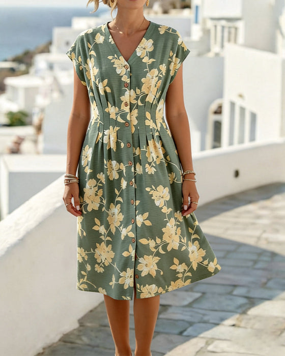 Kleid V-Ausschnitt Print Tailliert Knopfleiste