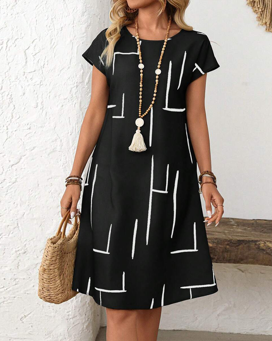 Kleid Damen Sommer Lässig Druck Rundhals