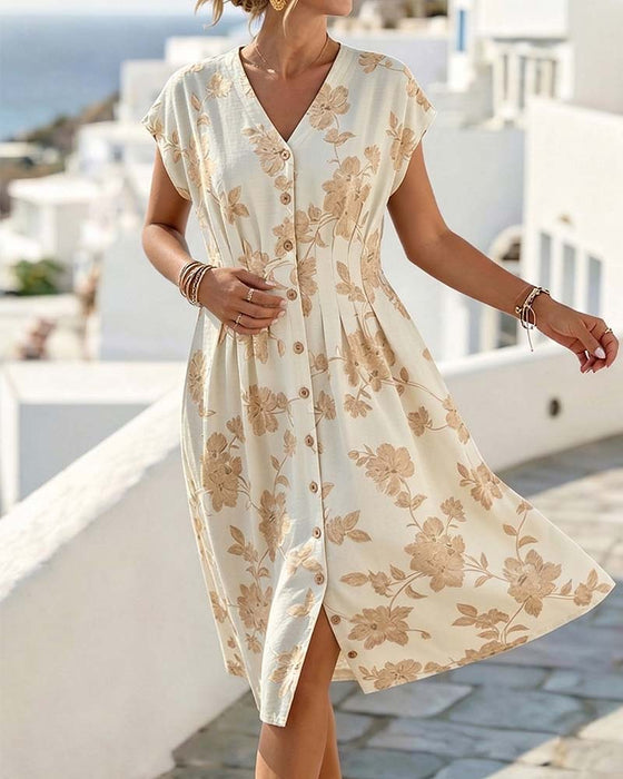 Kleid V-Ausschnitt Print Tailliert Knopfleiste