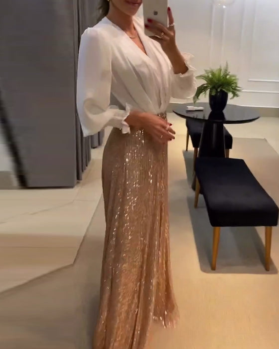 Elegante, einfarbige bluse mit V-ausschnitt und laternenärmeln