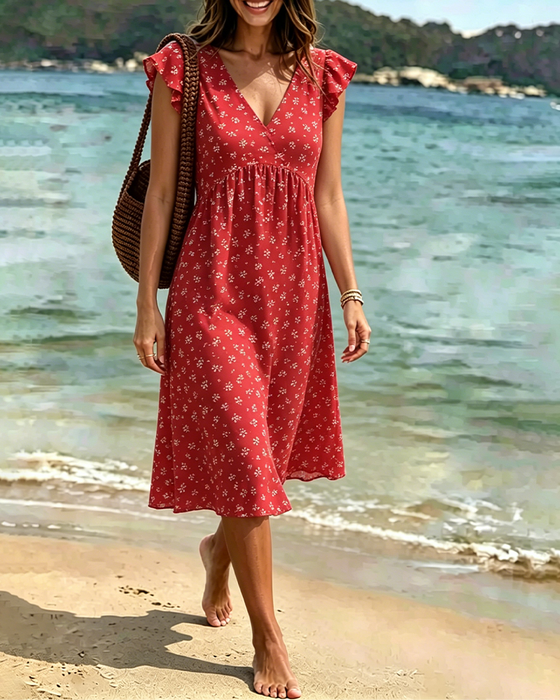 Kleid V-Ausschnitt Blumen Klein Flügelärmel
