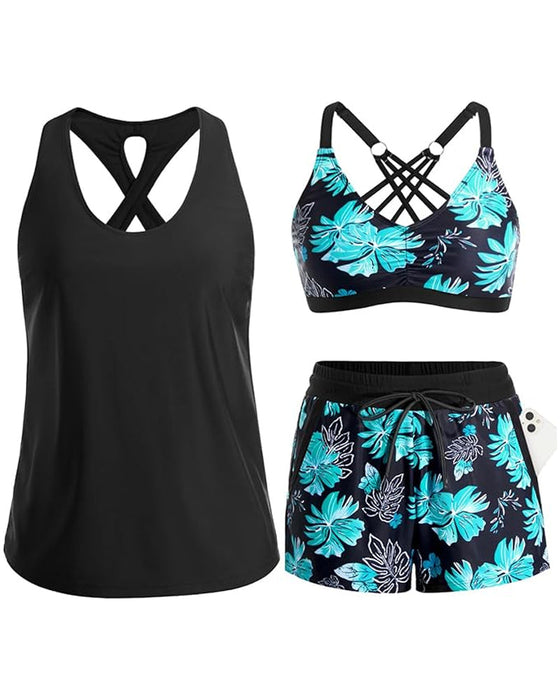 Abdeckung Und Bikini Crisscross Ärmelloses Oberteil + Kordelzug Bedruckte Hose Für