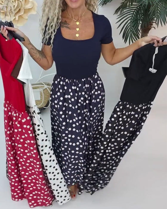 Kleid Quadratischer Ausschnitt Polka Dot Patchwork