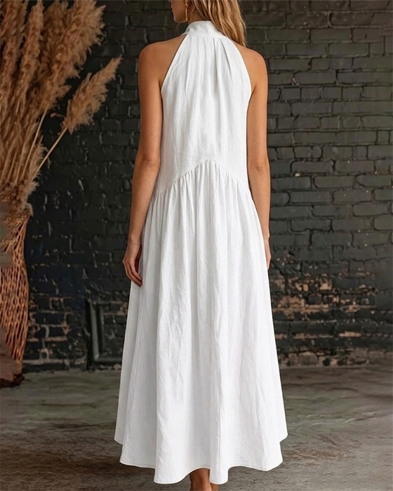 Kleid 100% Baumwolle Ärmellos Stehkragen Unifarben Maxi