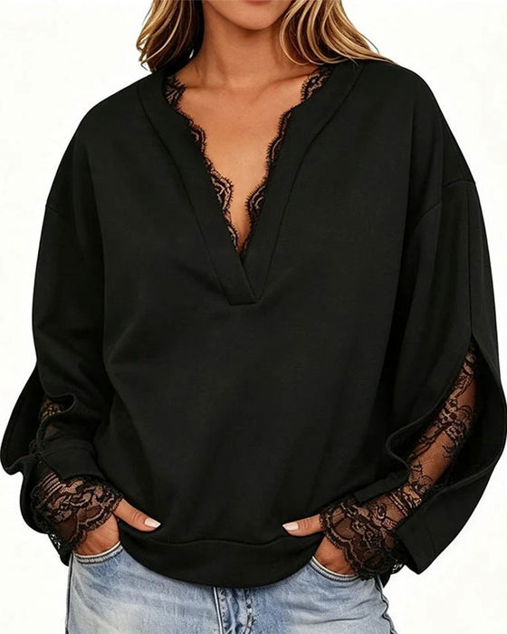 Sweatshirt V-Ausschnitt Schlitz Spitze Patchwork