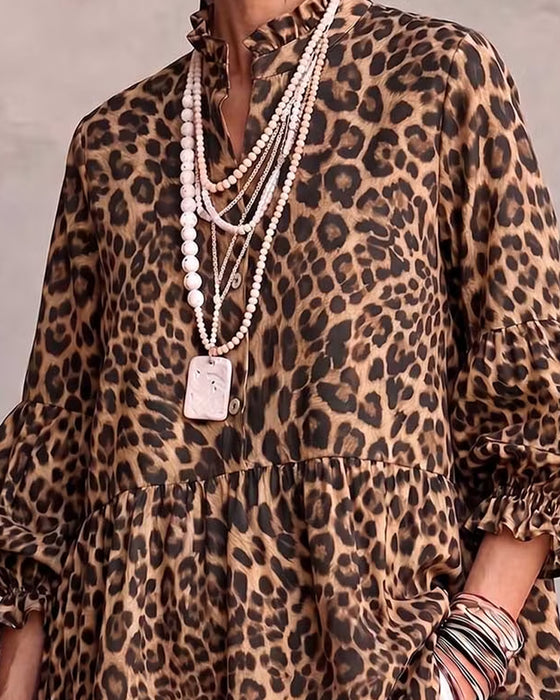 Oberteil Leopard Druck Rüsche Besatz Knopf
