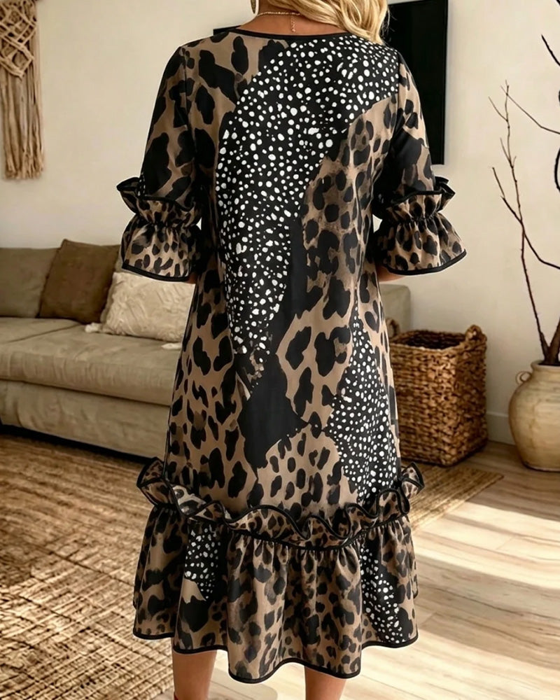 Kleid Leoparden-Patchwork Rüsche Rundhals
