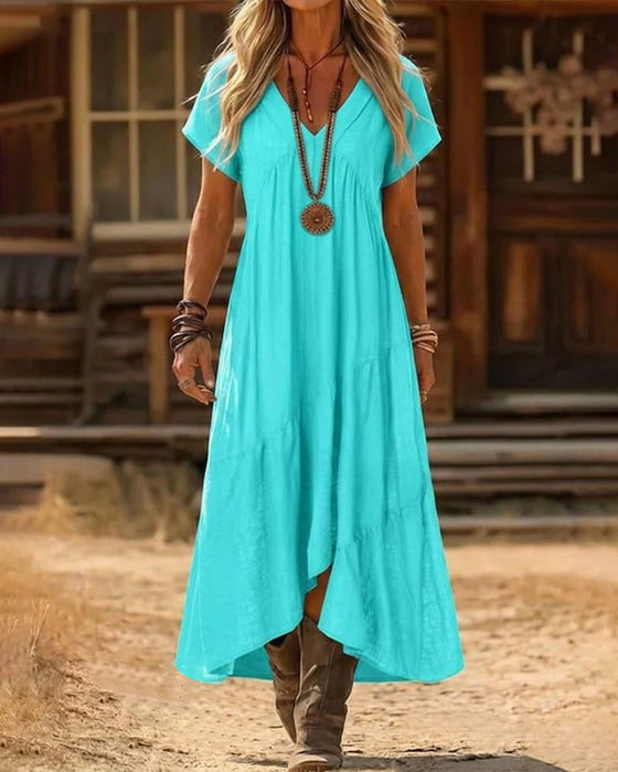 Kleid V-Ausschnitt Hohe Taille Weiter Rock Einfarbig