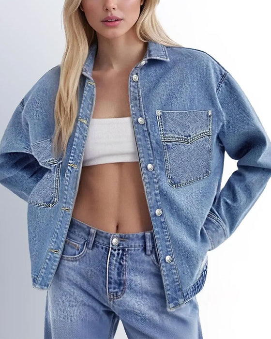 Hemd Revers Knopf Langarm Denim