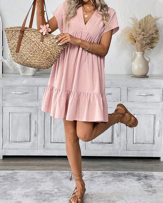 Kleid Solid V-Ausschnitt Rüschen-Besatz