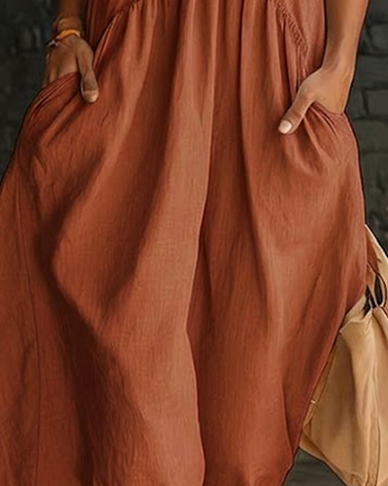 Kleid 100% Baumwolle Ärmellos Stehkragen Unifarben Maxi