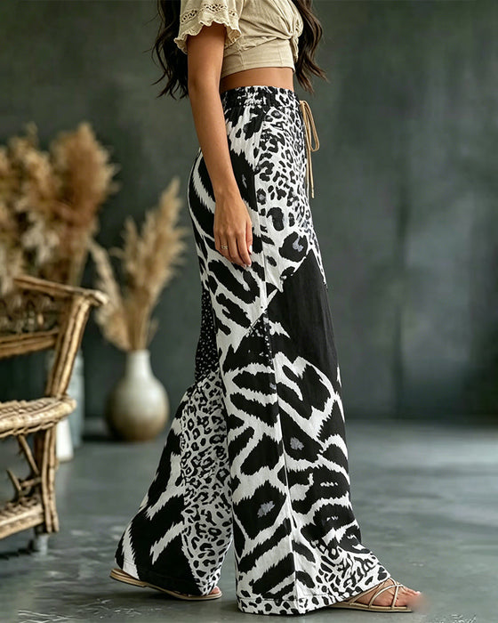 Hose Leoparden Druck Patchwork Weites Bein Casual