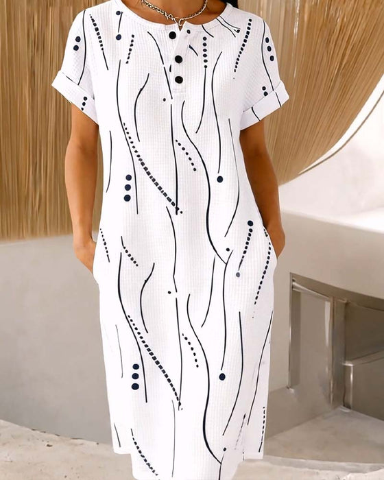 Kleid Rundhals Knopf Linie Waffel
