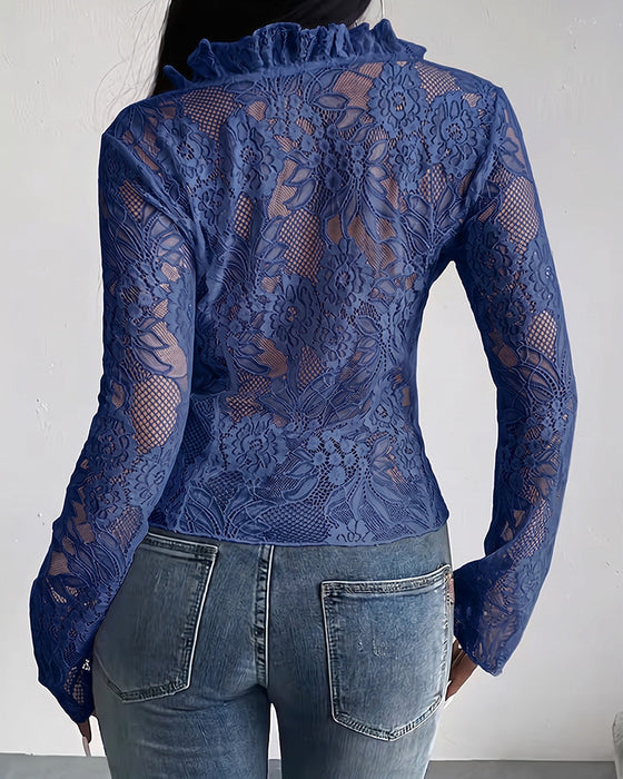 Bluse V-Ausschnitt Binden Spitze