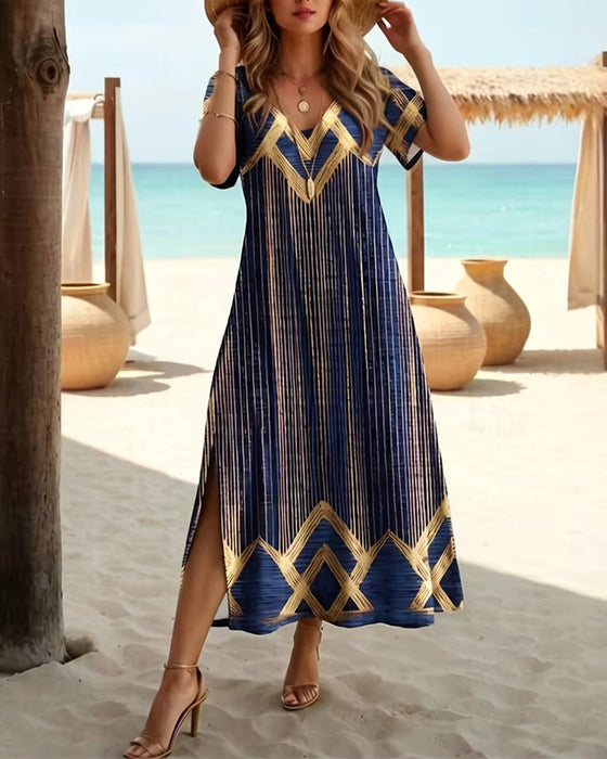 Kleid V-Ausschnitt Gedruckt Urlaub Maxi