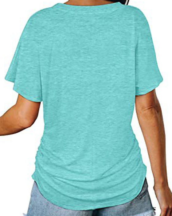 T-Shirt Plissiert Einfarbig V-Ausschnitt