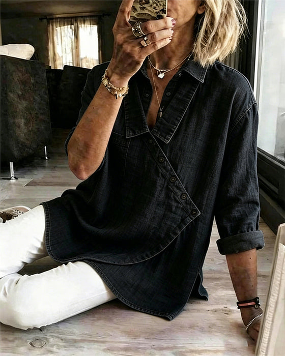 Bluse Einfarbig Diagonaler Knopf Revers Langarm