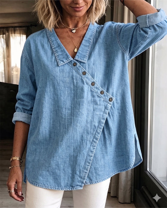 Bluse Einfarbig Diagonaler Knopf Revers Langarm