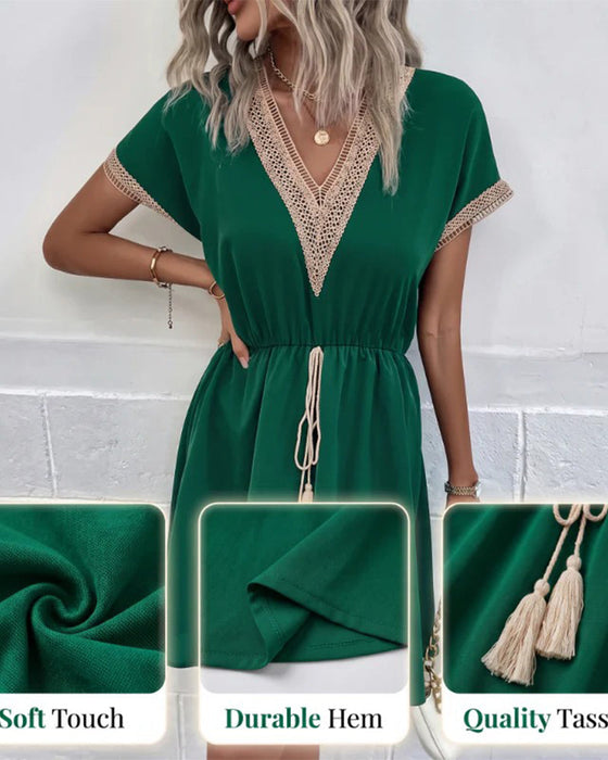 Kleid Frühling-Herbst V-Ausschnitt Spitzenbesatz Figurbetonte Taille