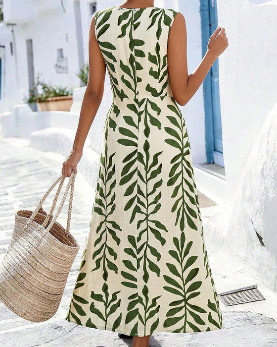 Kleid Grüne Blätter Taillenschmal Ärmellos