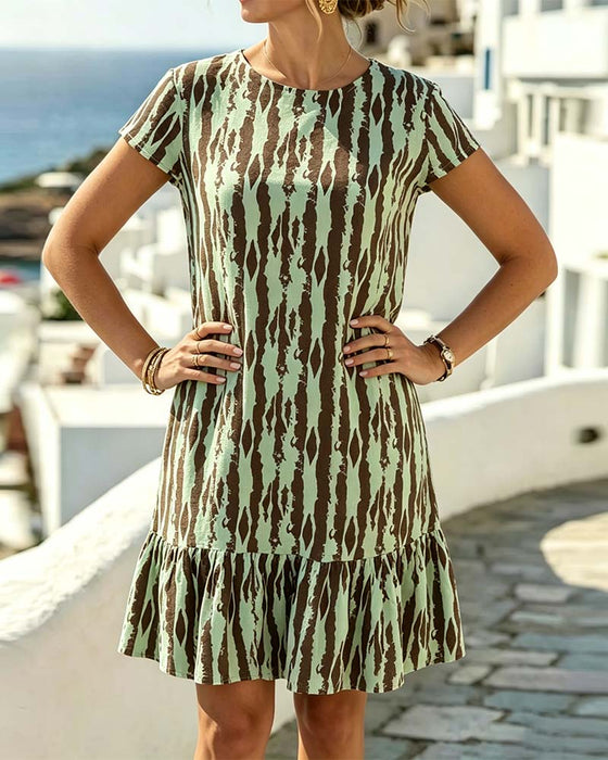 Kleid Rundhals Bedruckt Kurzarm A-Linie