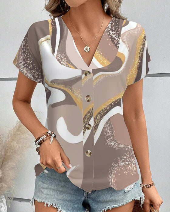 Bluse Kurzärmlig Geometrischer Druck