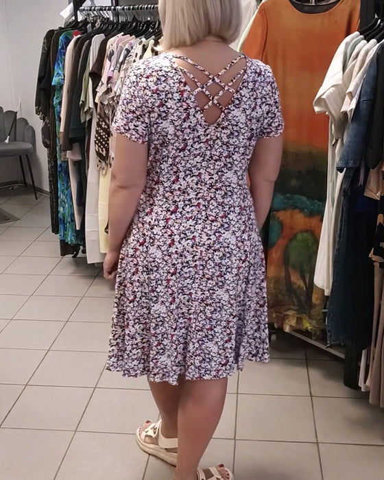 kleid runder hals blumenmuster kurzer ärmel