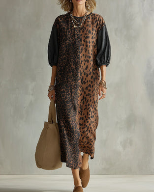 Kleid Leopardenmuster Farbblock Puffärmel