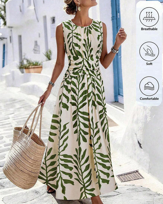 Kleid Grüne Blätter Taillenschmal Ärmellos