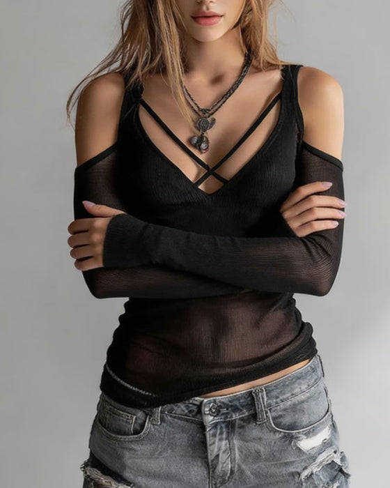 Bluse Gekreuzt V-Ausschnitt Off-Shoulder