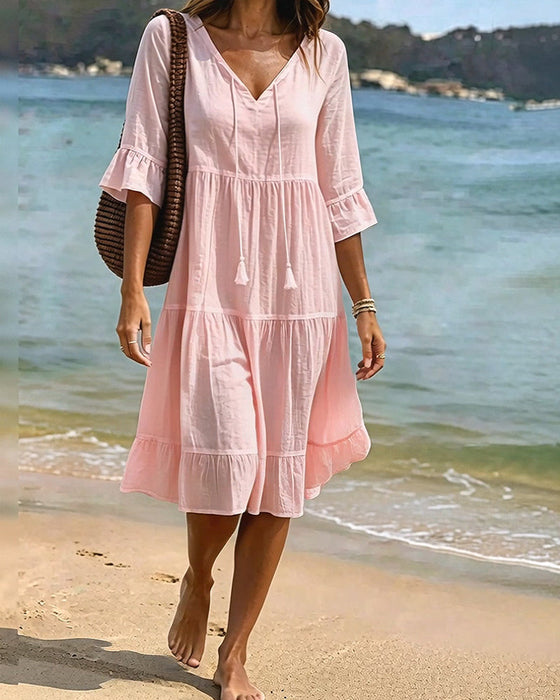 Kleid Ausgestellt Halbarm Bindegürtel