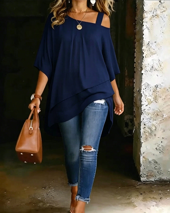 Bluse Asymmetrisch Cold Shoulder Einfarbig Lässig