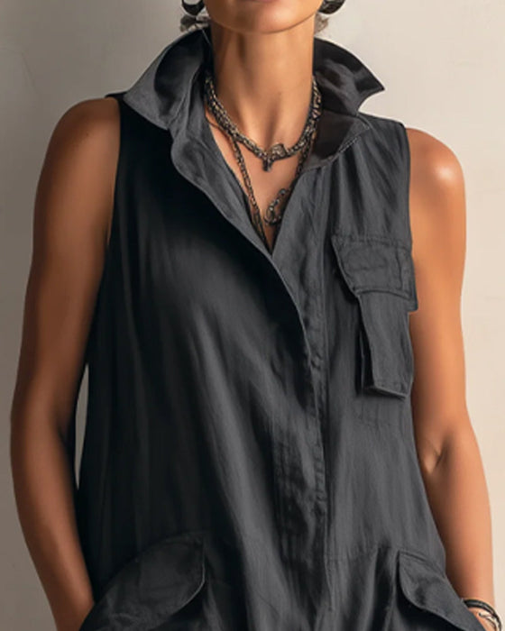 Jumpsuit Revers Ärmellos Tasche Cargo