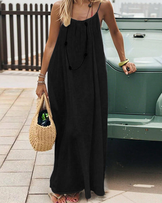 Kleid Uni Farbe Rüschen Rückenfrei Spaghetti Träger Maxi