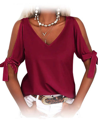 Bluse V-Ausschnitt Cold Shoulder Schleife Einfarbig