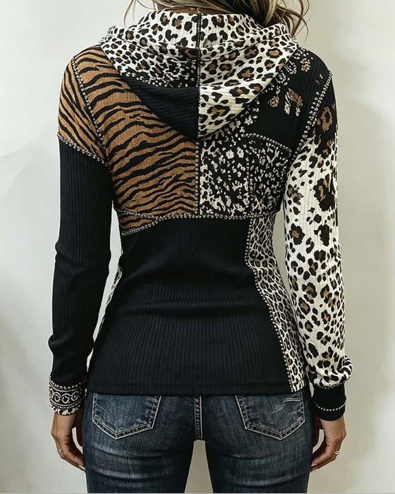 Oberteil Leopard Patchwork Halber Reißverschluss Mit Kapuze