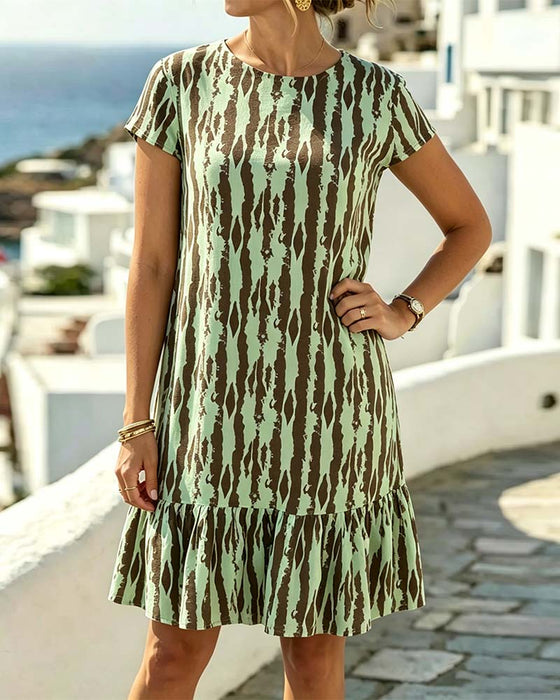 Kleid Rundhals Bedruckt Kurzarm A-Linie