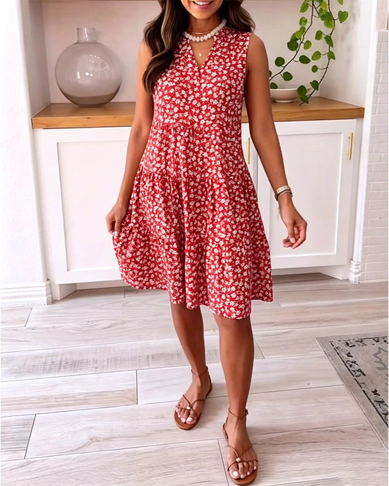 Kleid V-Ausschnitt Ärmellos Blumen A-Linie
