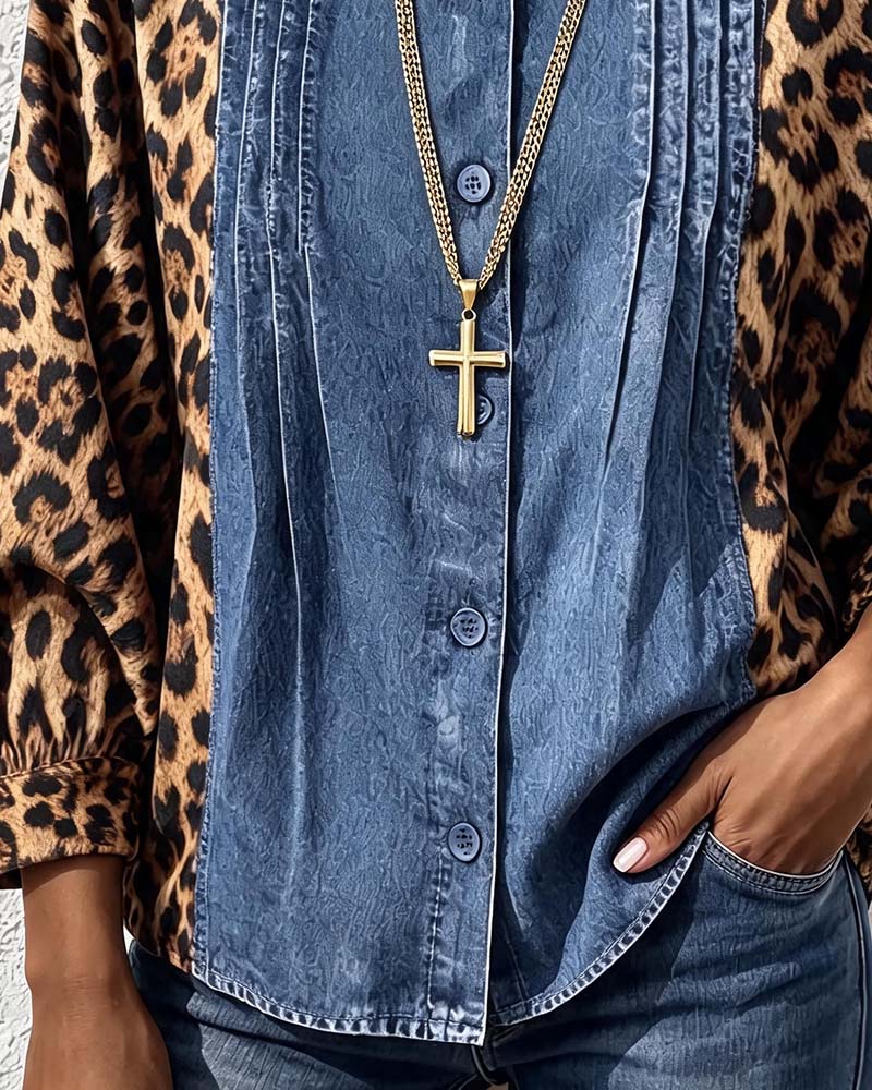 Bluse Rundhals Knopf Leopard Denim Patchwork
