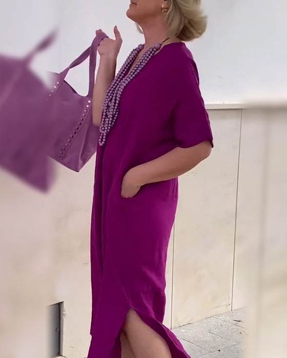 Kleid V-Ausschnitt einfarbig einfach lang