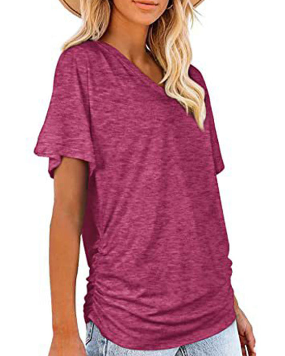T-Shirt Plissiert Einfarbig V-Ausschnitt