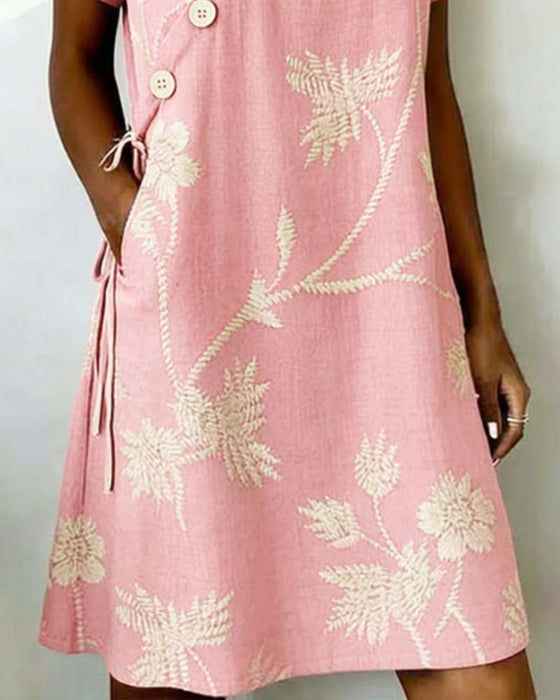 Kleid Diagonal Knopf Druck V-Ausschnitt Mini