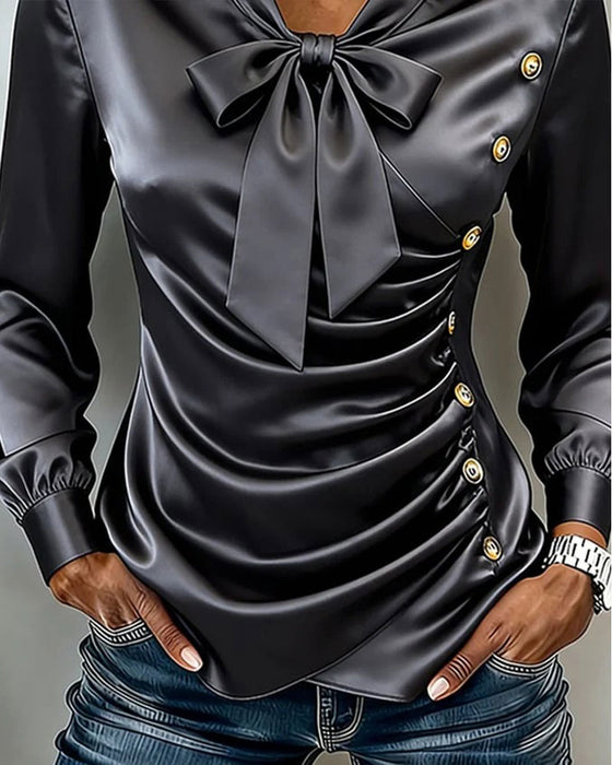 Bluse V-Ausschnitt Schleife Gerafft Knopf